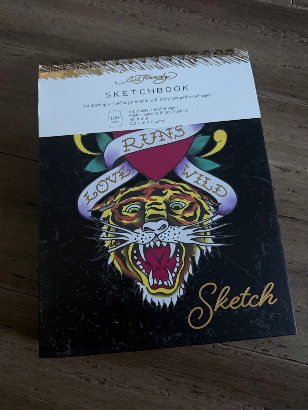 Ed Hardy Black Sketchbook with Multicolor Tiger and Gold Script